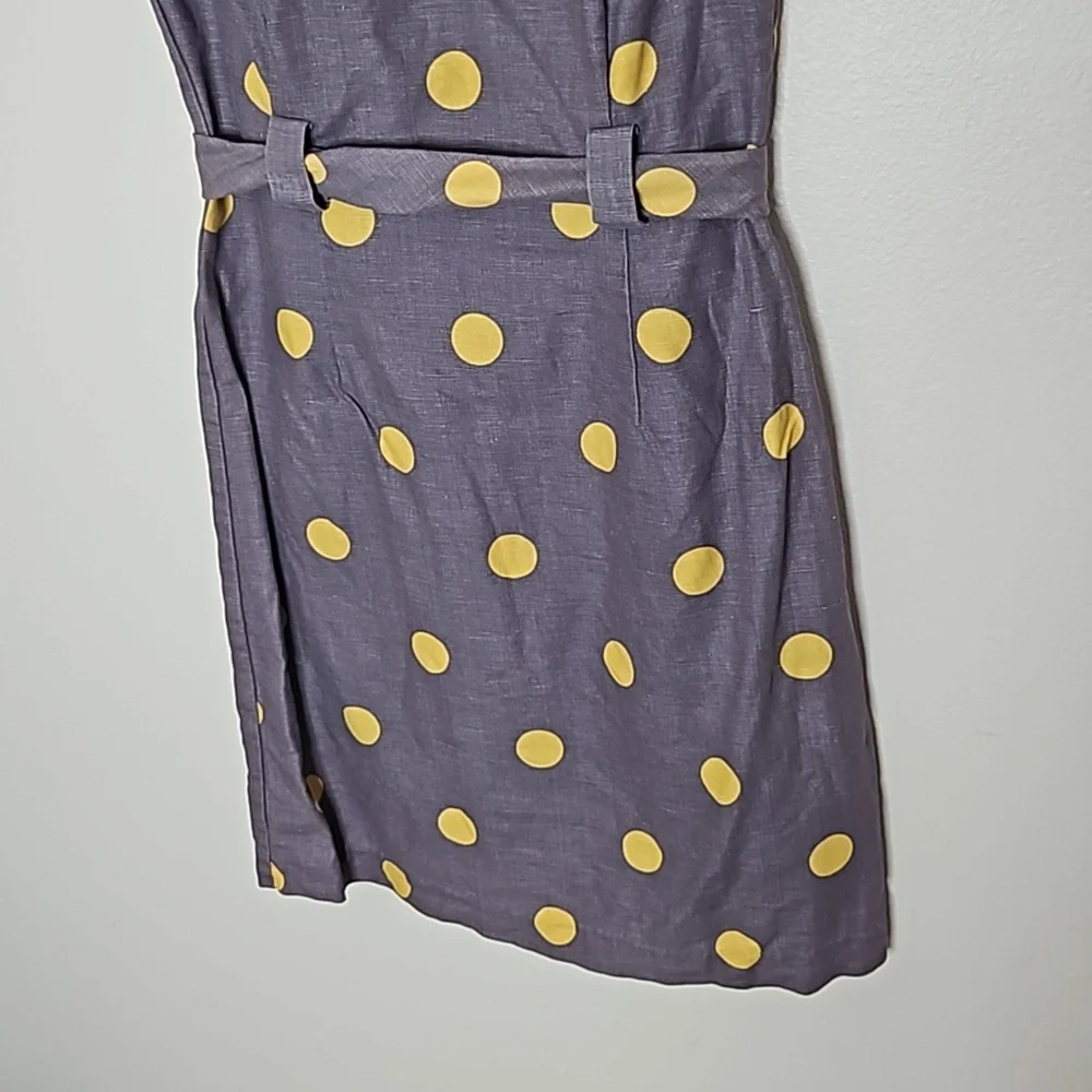 Boden Womens Dress Sz 6 Gray Yellow Polka Dot Belted Sheath Cotton Linen Preppy - Picture 4 of 11